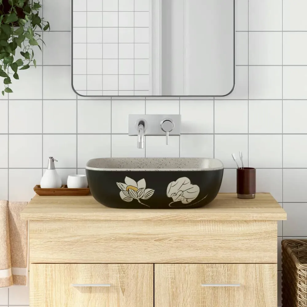 Professionele Kwaliteit Opzetwasbak rechthoekig 48x37,5x13,5 cm keramiek grijs en zwart