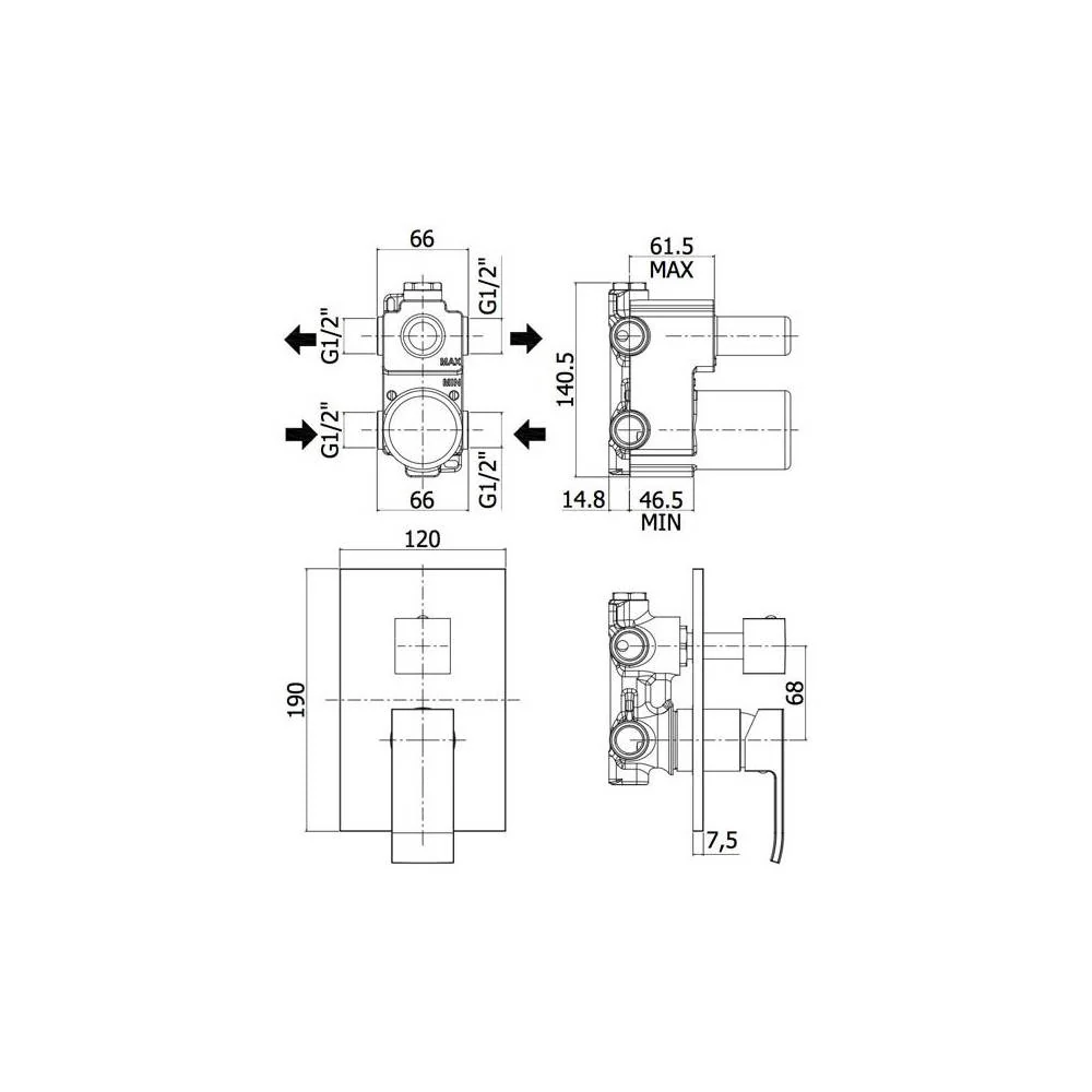 Built- shower mixer diverter 2 outlets metaal plate EFFE series model EF018CR/M chrome Paffoni