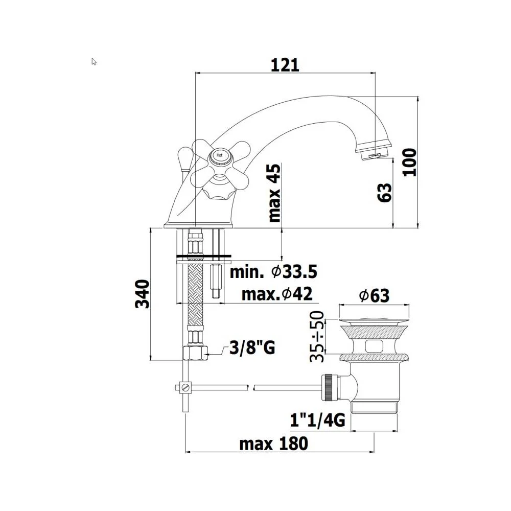 Single-hole retro washbasin faucet Iris series model IRV065CO chrome verguld Paffoni
