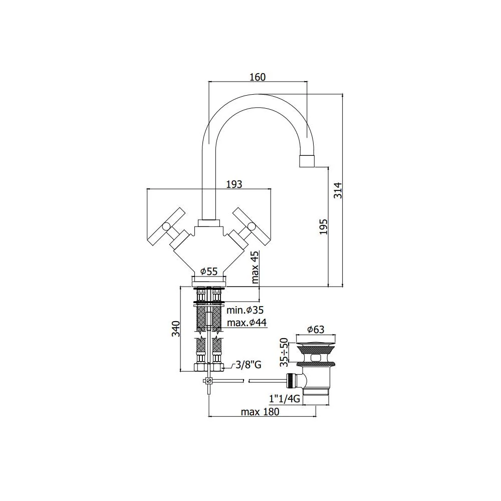 Single-hole sink group without drain Quattro series model QTV078CR chroom Paffoni
