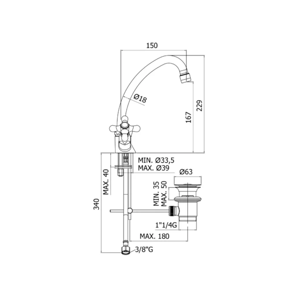 Single-hole washbasin regelbaar spout and automatic drain Paffoni Iris series - Copper Compatibel met 40-110mm Buizen