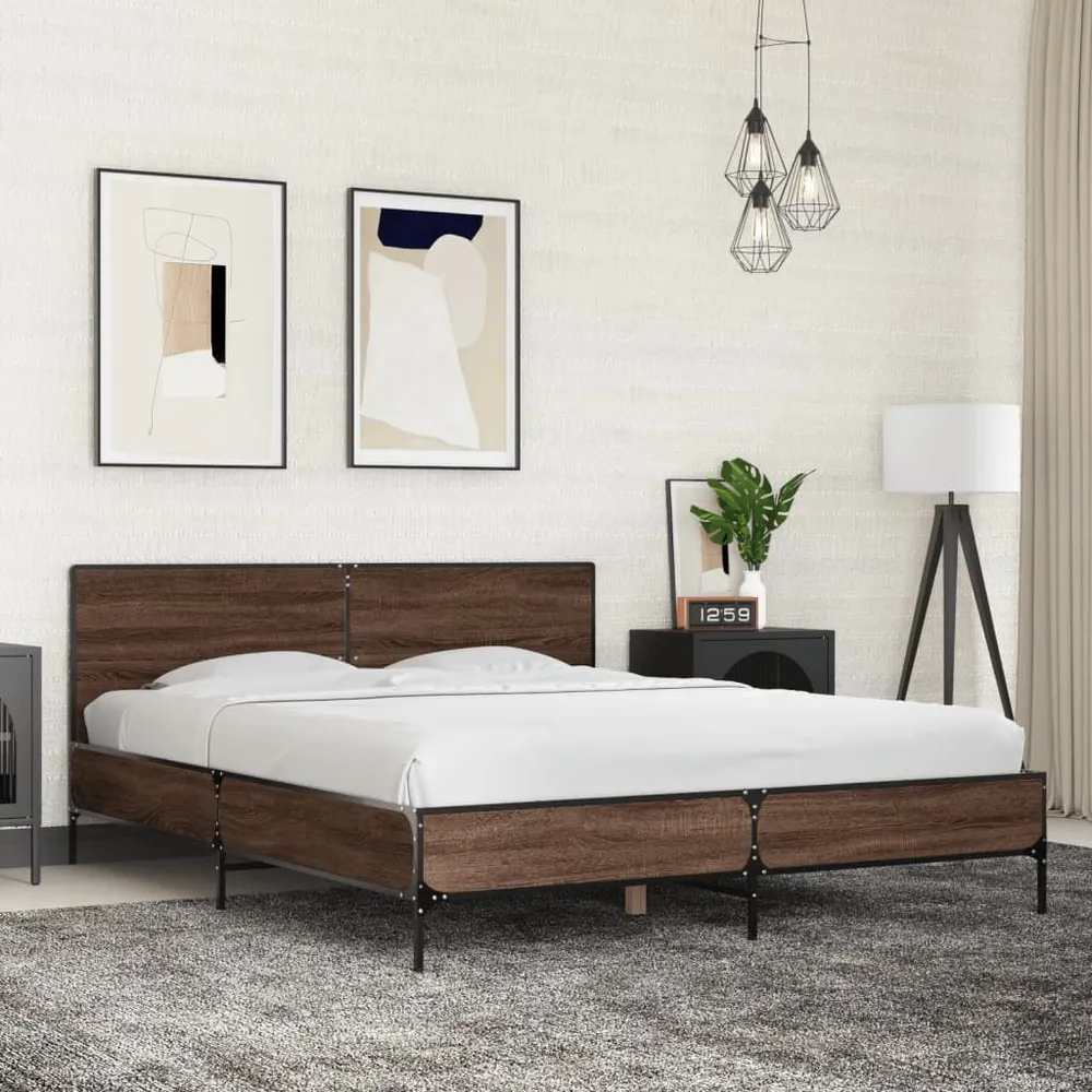 Bedframe bewerkt hout metaal bruin eikenkleur 150x200 cm