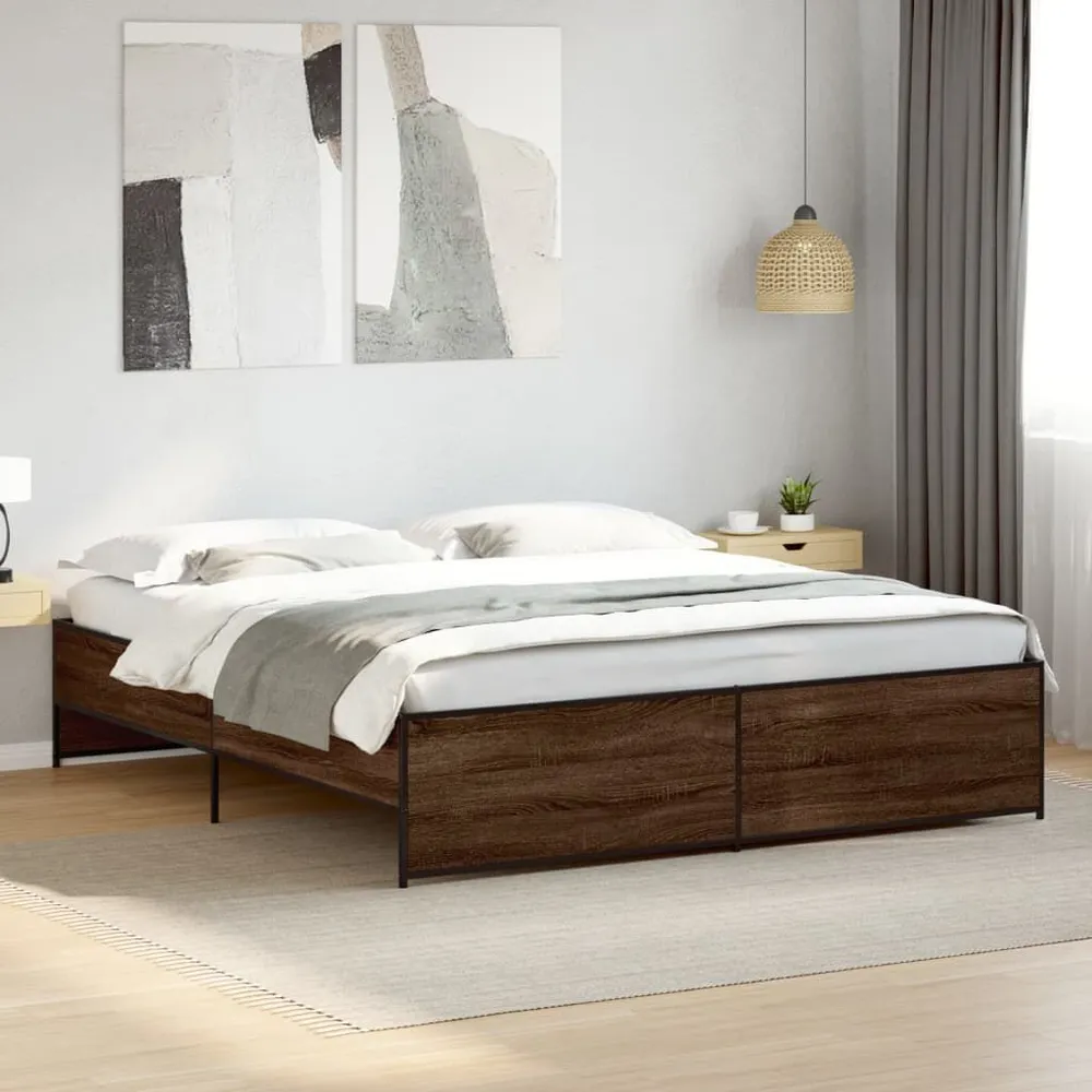 Bedframe bewerkt hout metaal bruin eikenkleur 200x200 cm
