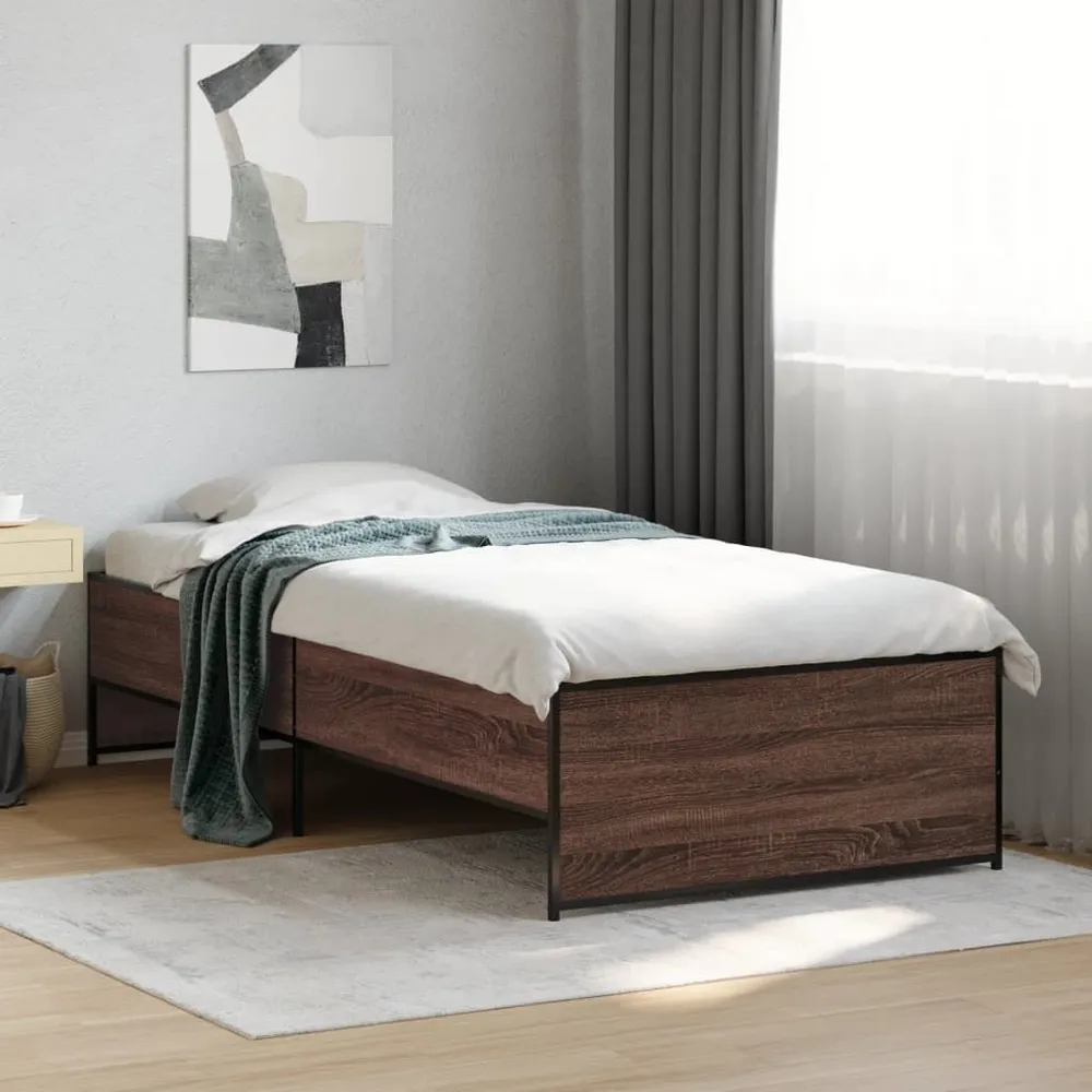 Bedframe bewerkt hout en metaal bruin eikenkleurig 100x200 cm