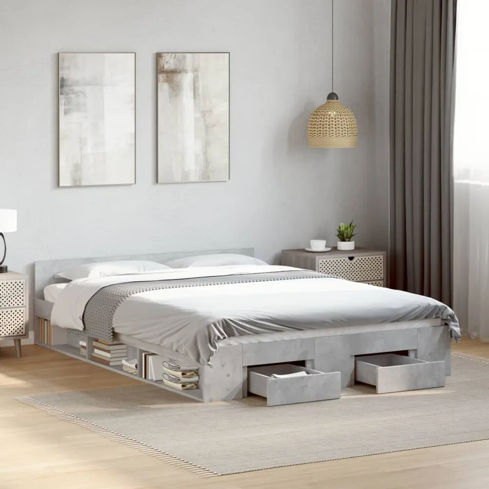 Bedframe met lades bewerkt hout betongrijs 120x190 cm