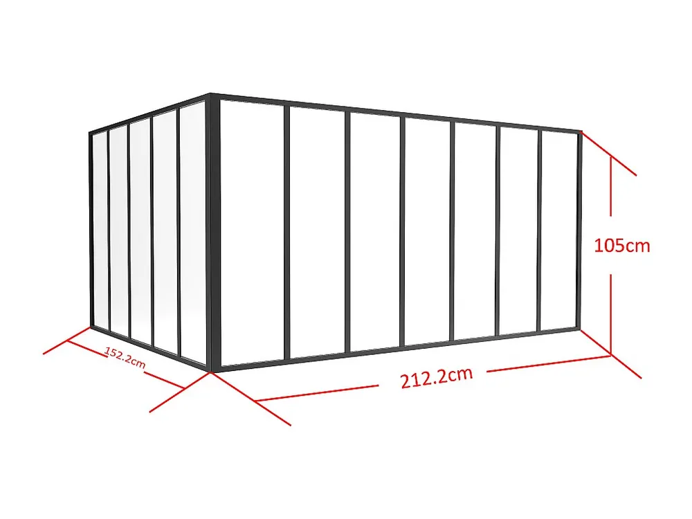 Glazen hoekbinnenraam industriële stijl gepoederlakt aluminium – L210 x L150 x H105 – Zwart – BAYVIEW