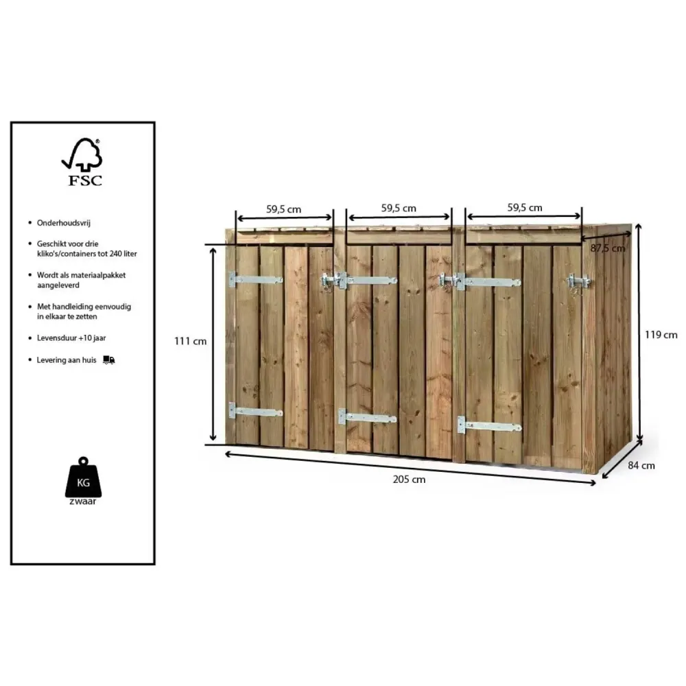 Kliko Ombouw 3x 240 liter 205x88x119cm Geïmpregneerd hout