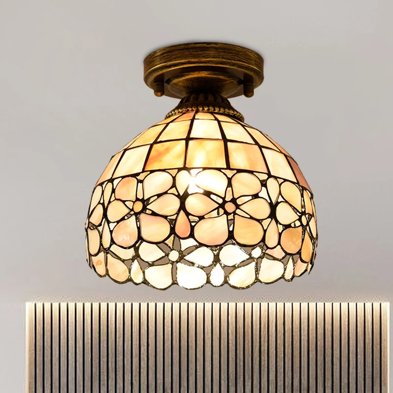 Mini-inbouwlamp met bloem, 1 lamp, Tiffany, beige/roze/oranje, natuurlijke schelp, intens bij plafondlamp