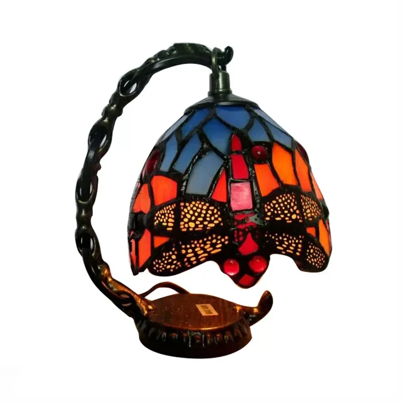 Premium IP44 Rustieke mini-tafelverlichting met gebogen arm en druif/bloem/libellepatroon Gebrandschilderd glas 1-lichts t...