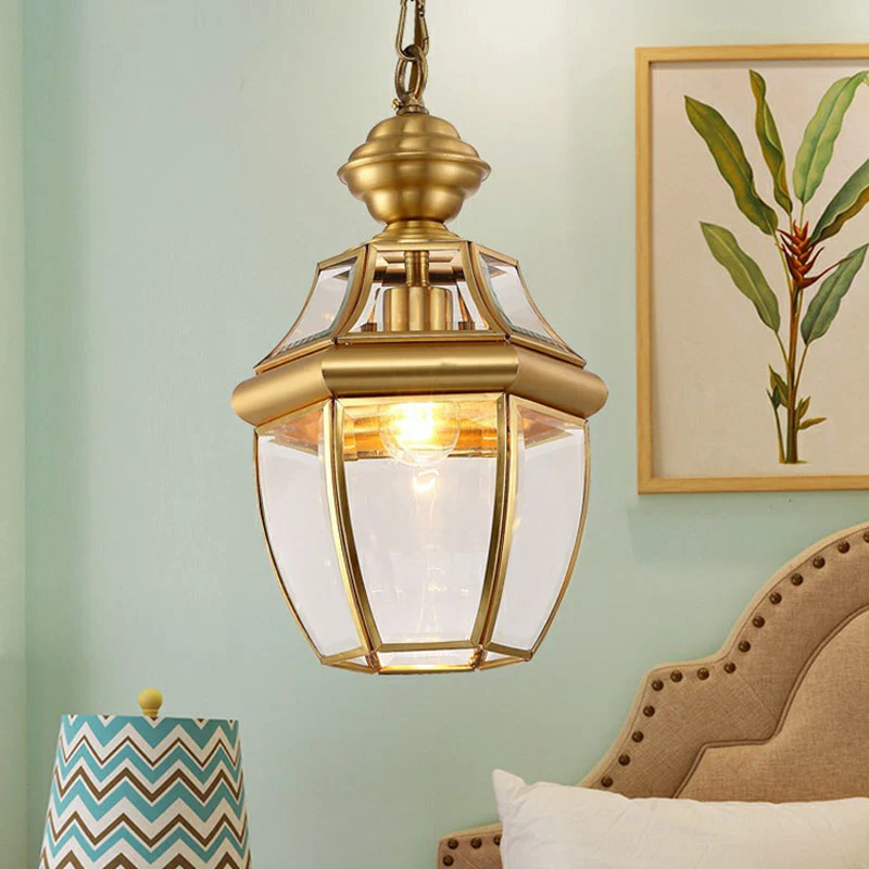 Brass Oval Lantern Pendant Lamp Colonial Style Clear Glazen Corridor Ceiling Hang Light Brass