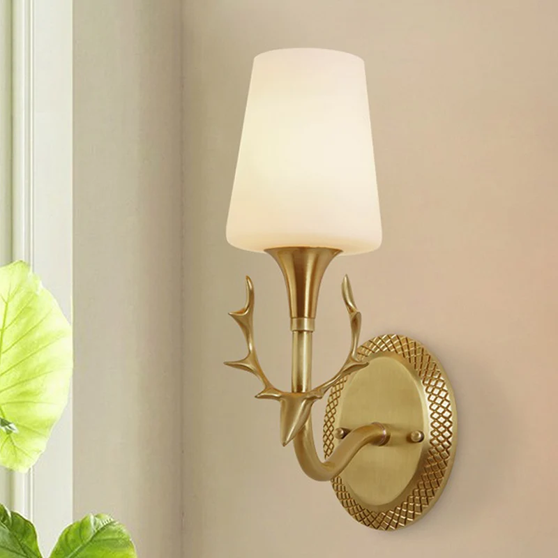 Scrolled Arm Milk Glass Sconce Lighting Rustic 1/2 Light Bedroom Wall Mounted Light Fixture Messing Brass