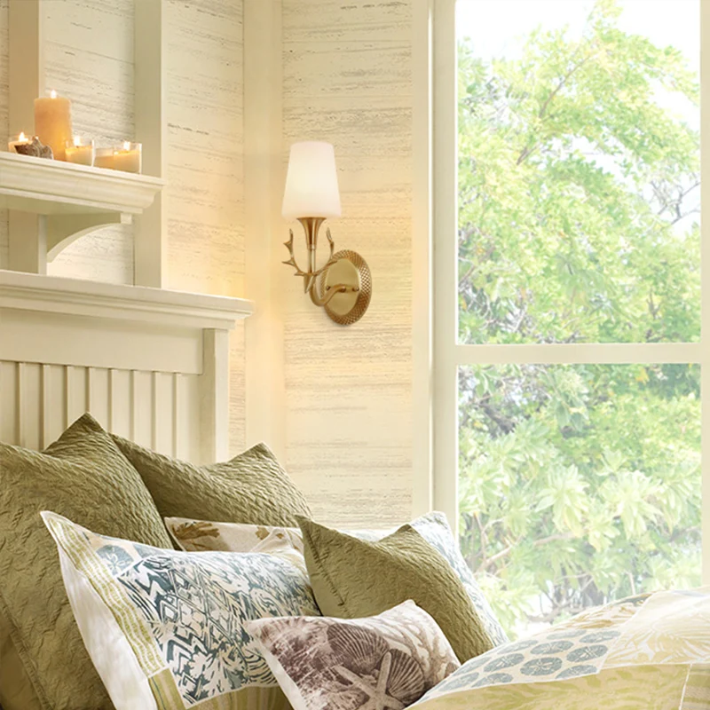 Scrolled Arm Milk Glass Sconce Lighting Rustic 1/2 Light Bedroom Wall Mounted Light Fixture Messing Brass
