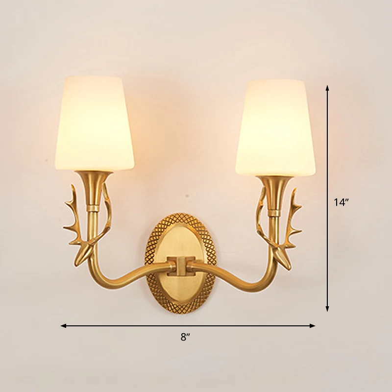 Scrolled Arm Milk Glass Sconce Lighting Rustic 1/2 Light Bedroom Wall Mounted Light Fixture Messing Brass