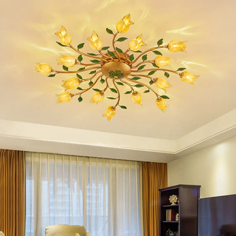 Brass 16 Heads Semi Flush Light Romantic Pastoral Metalen Spiral LED Flower Ceiling Fixture Bedroom met Keramische Verwarm...