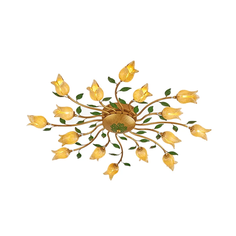 Brass 16 Heads Semi Flush Light Romantic Pastoral Metalen Spiral LED Flower Ceiling Fixture Bedroom met Keramische Verwarm...