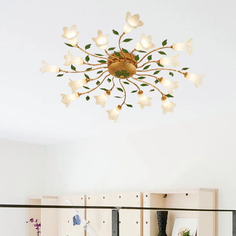 Brass 16 Heads Semi Flush Light Romantic Pastoral Metalen Spiral LED Flower Ceiling Fixture Bedroom met Keramische Verwarm...