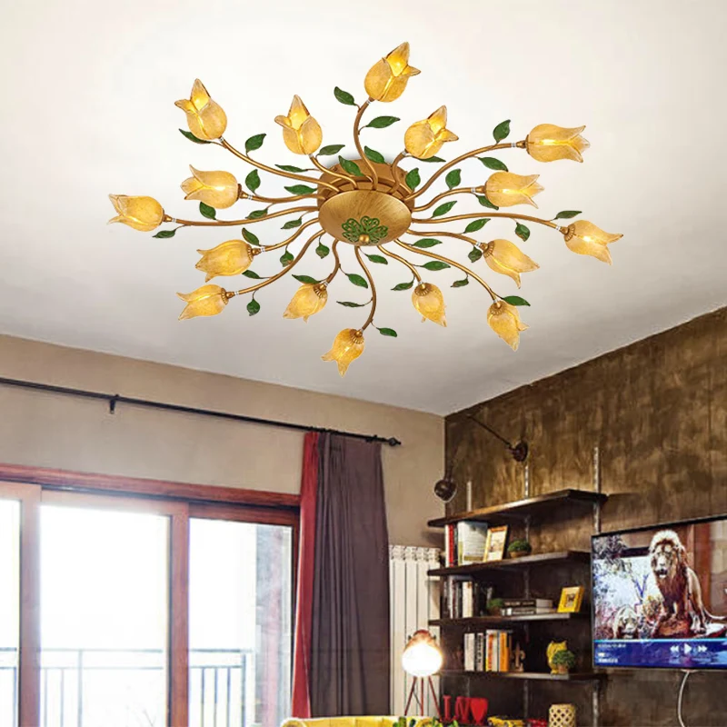 Brass 16 Heads Semi Flush Light Romantic Pastoral Metalen Spiral LED Flower Ceiling Fixture Bedroom met Keramische Verwarm...