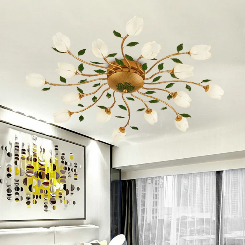 Brass 16 Heads Semi Flush Light Romantic Pastoral Metalen Spiral LED Flower Ceiling Fixture Bedroom met Keramische Verwarm...