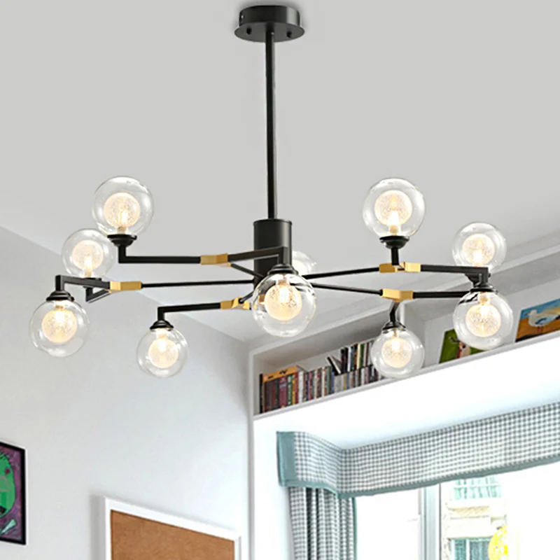 Helderglazen bolkroonluchterverlichting met radiaal ontwerp Eigentijds 6/8/10 lampen Led-hanglampset zwart