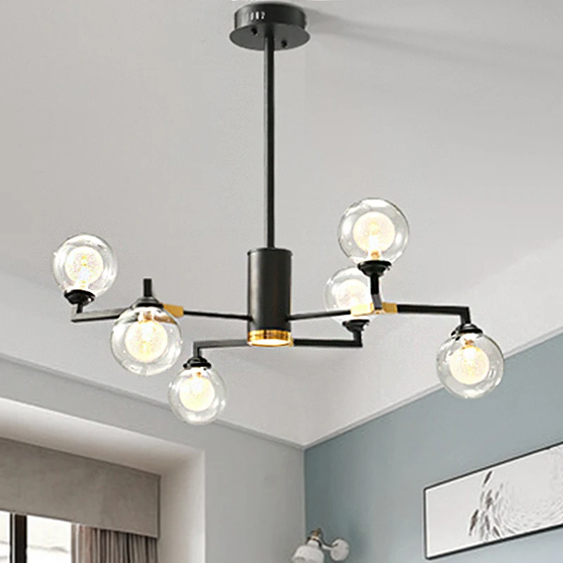 Helderglazen bolkroonluchterverlichting met radiaal ontwerp Eigentijds 6/8/10 lampen Led-hanglampset zwart
