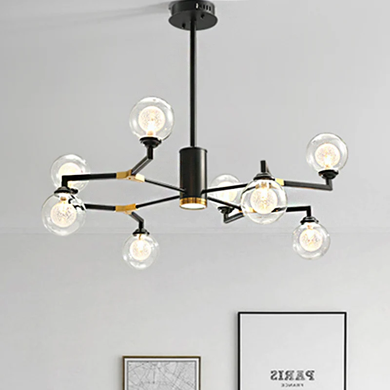 Helderglazen bolkroonluchterverlichting met radiaal ontwerp Eigentijds 6/8/10 lampen Led-hanglampset zwart