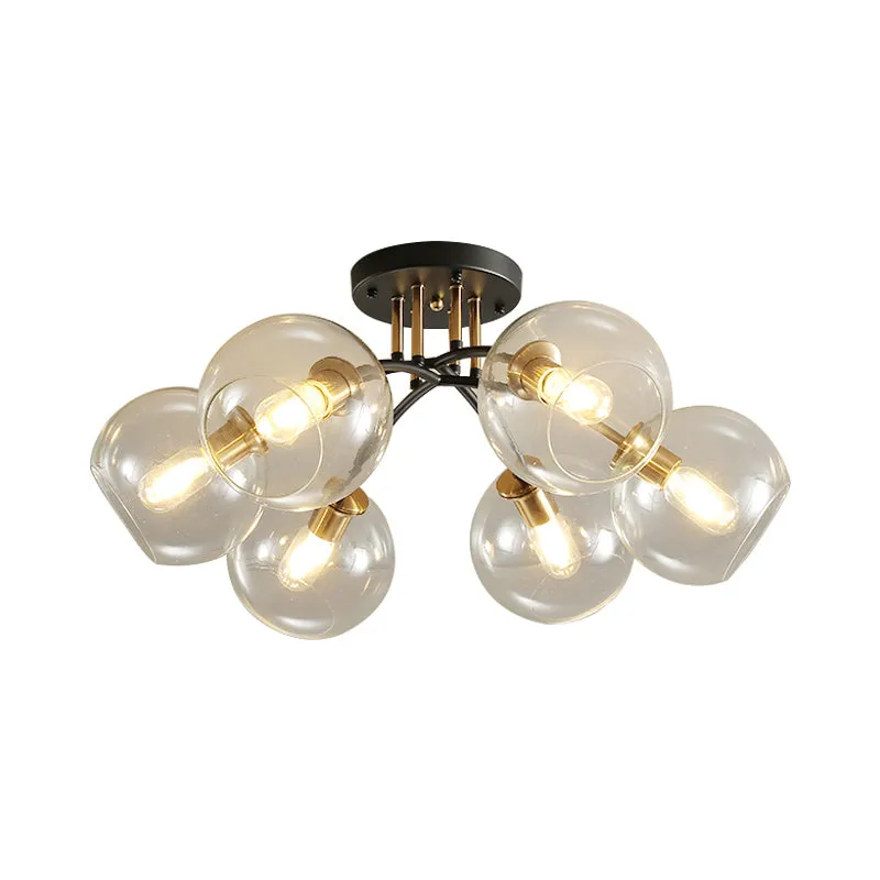 6 Heads Hotel Semi Inbouw Nostalgisch Zwarte Plafondverlichting met Orb Rook/Helder Glazen Kap