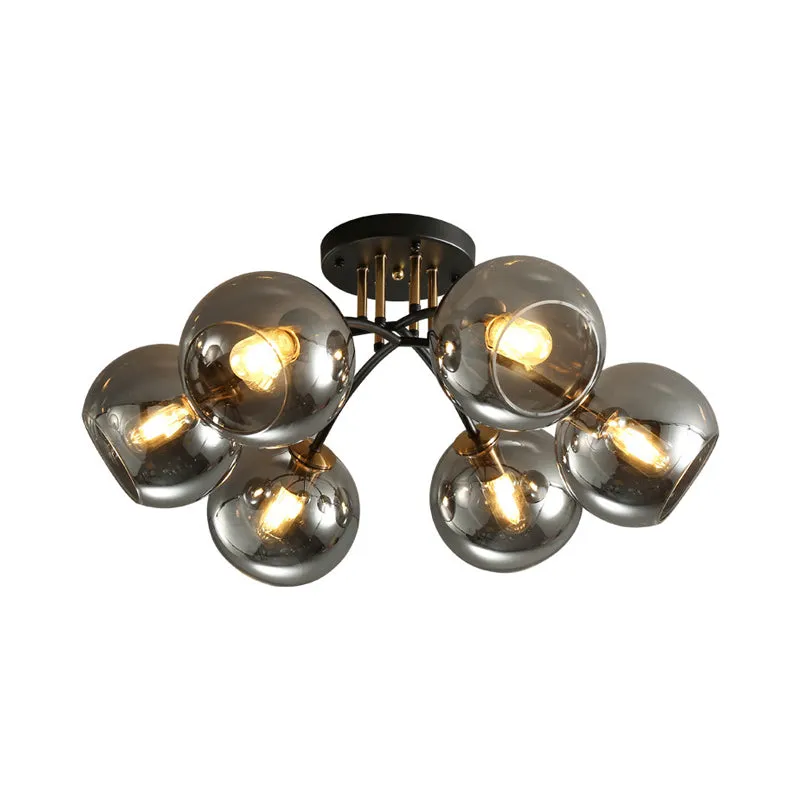 6 Heads Hotel Semi Inbouw Nostalgisch Zwarte Plafondverlichting met Orb Rook/Helder Glazen Kap