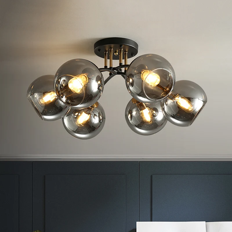 6 Heads Hotel Semi Inbouw Nostalgisch Zwarte Plafondverlichting met Orb Rook/Helder Glazen Kap