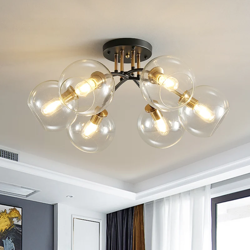 6 Heads Hotel Semi Inbouw Nostalgisch Zwarte Plafondverlichting met Orb Rook/Helder Glazen Kap