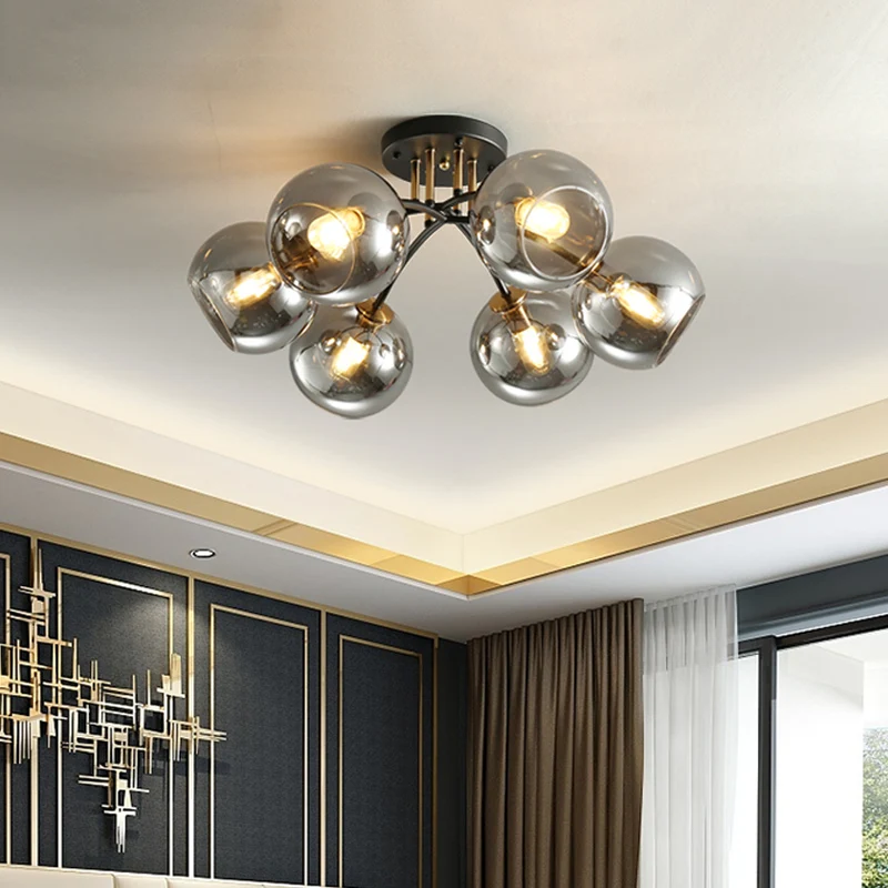 6 Heads Hotel Semi Inbouw Nostalgisch Zwarte Plafondverlichting met Orb Rook/Helder Glazen Kap