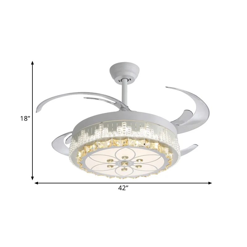 4-bladige LED-hanglamp met ventilator, eigentijds rond, fel kristalblokken, semi-inbouwmontage, 19" breed