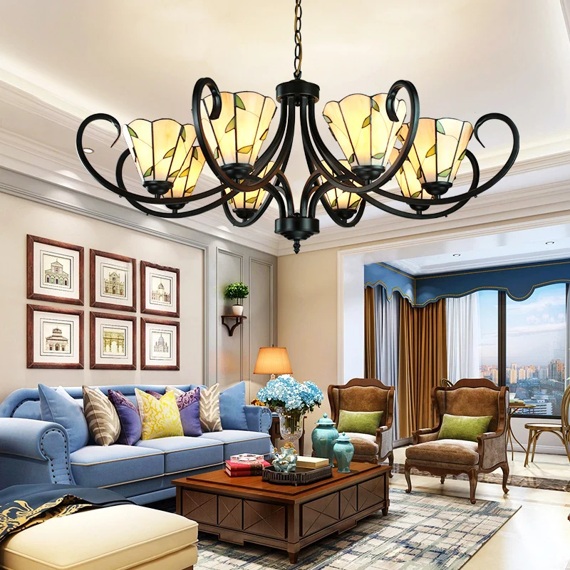 5/6/8 Heads Tiffany Cone Chandelier Lamp Black Curved Stained Glazen Indoor Lighting Beige Bedroom | Snel Leverbaar Beige