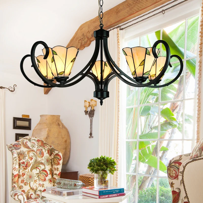 5/6/8 Heads Tiffany Cone Chandelier Lamp Black Curved Stained Glazen Indoor Lighting Beige Bedroom | Snel Leverbaar Beige