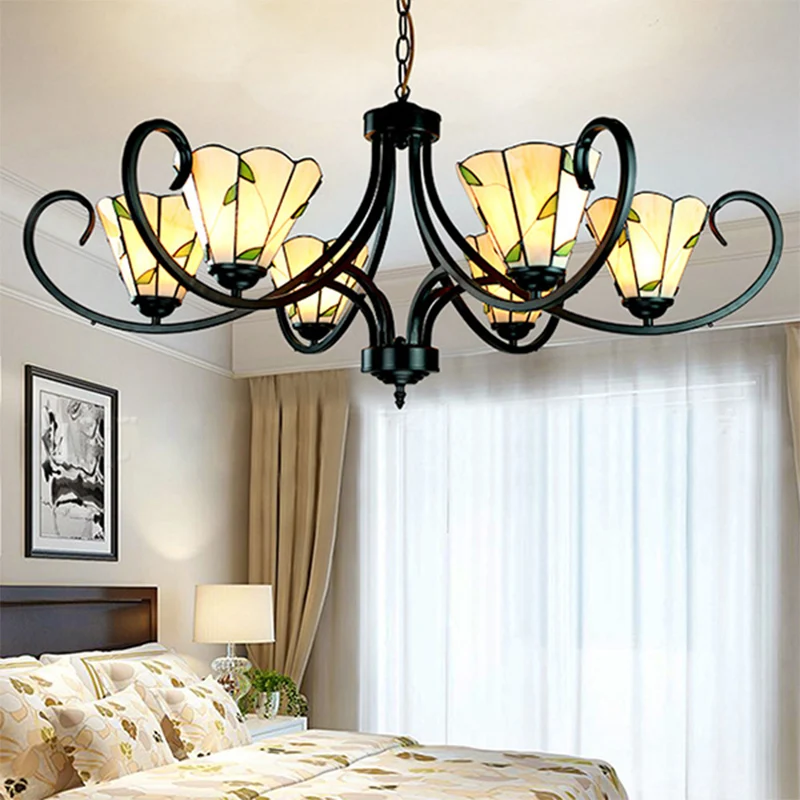 5/6/8 Heads Tiffany Cone Chandelier Lamp Black Curved Stained Glazen Indoor Lighting Beige Bedroom | Snel Leverbaar Beige