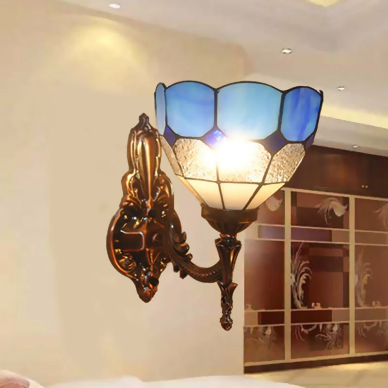 Dome glas--lood schans lichtarmatuur Tiffany-stijl 1-lichts blauw/goud/bruine wandlamp voor slaapkamer - Incl. Garantie