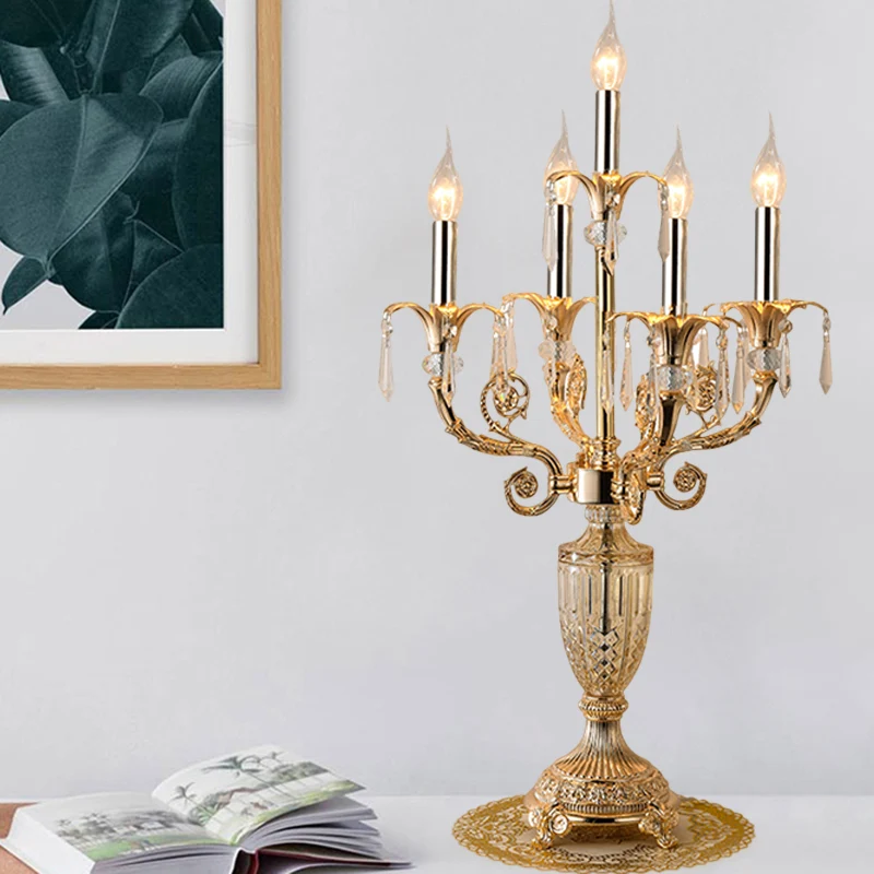 Energiezuinige LED 5 lampen Crystal Spears tafellamp traditionele gouden kandelaar salon nachtkastje lamp met/zonder stoff...