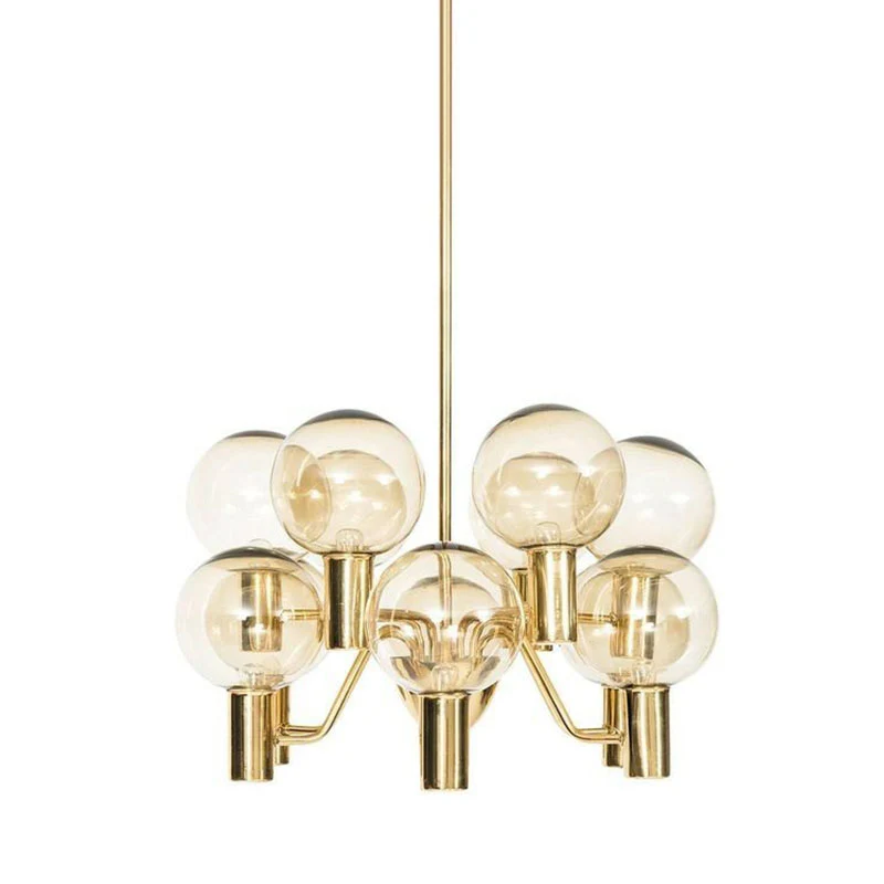 Energiezuinige LED Postmoderne stijl 12-lichts kroonluchter, messing vergulde kogelplafondhanglamp met glazen kap