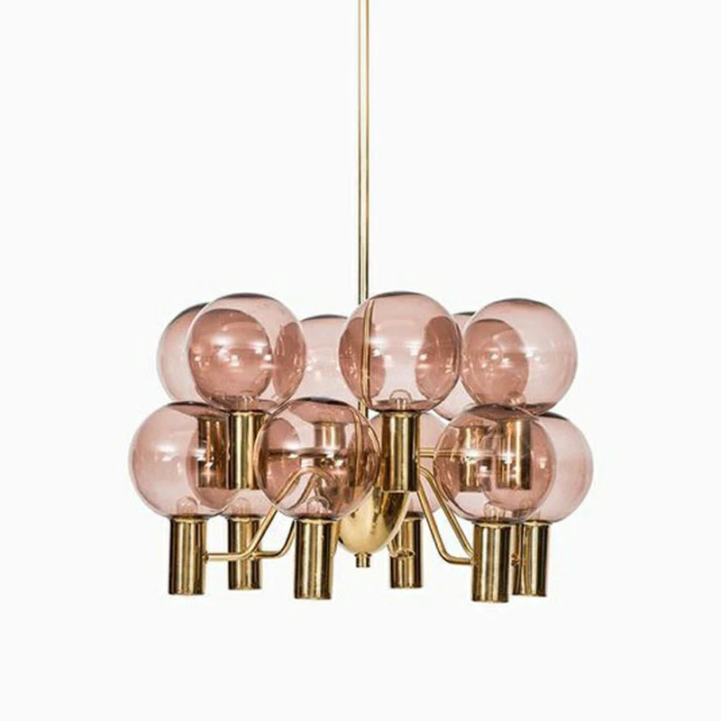 Energiezuinige LED Postmoderne stijl 12-lichts kroonluchter, messing vergulde kogelplafondhanglamp met glazen kap