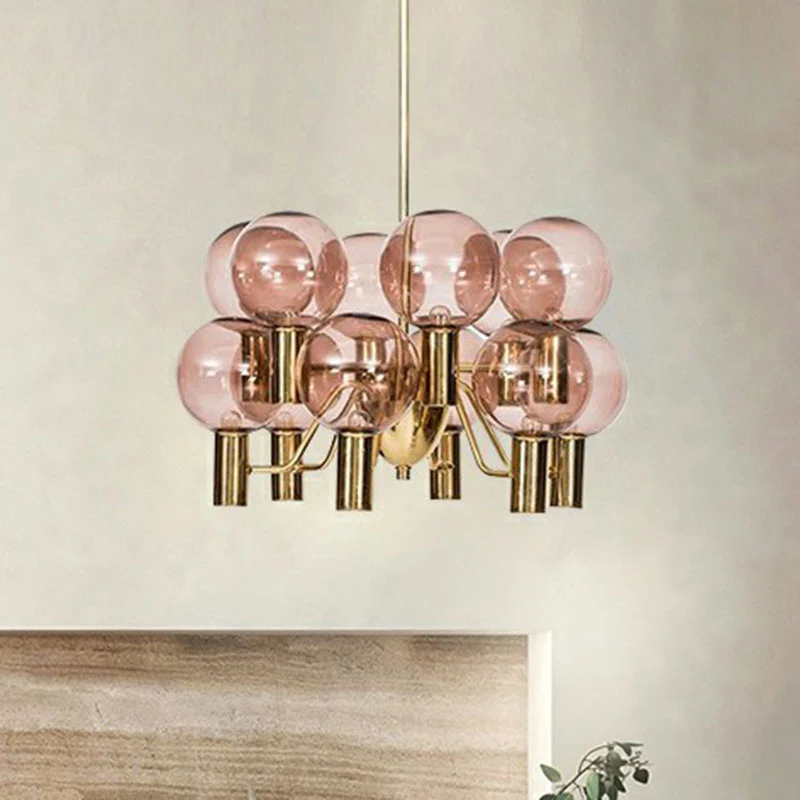 Energiezuinige LED Postmoderne stijl 12-lichts kroonluchter, messing vergulde kogelplafondhanglamp met glazen kap
