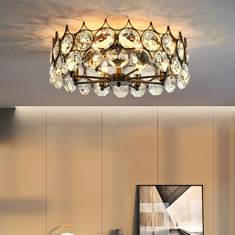 Energiezuinige LED Ronde eetkamer semi-inbouwlamp Klassieke kristallen ingebedde 8-kops zwarte plafondlamp