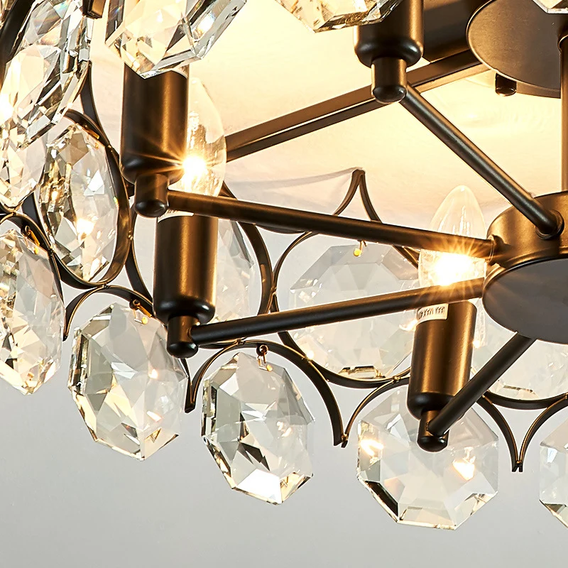 Energiezuinige LED Ronde eetkamer semi-inbouwlamp Klassieke kristallen ingebedde 8-kops zwarte plafondlamp