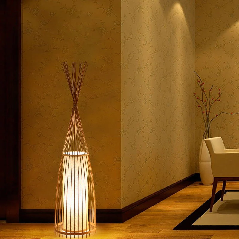 Gecertificeerd IP44 Zwart/Beige Visvormige Vloerlamp Azië Bamboe Stand-up Lamp met Eén Lamp voor Woonkamer, 12"/15" W