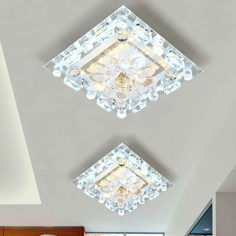 Glashelder Crystal Square Flush Ceiling Light Simple LED Corridor Flush Mount Scalloped Shade Warm/White Light Clear