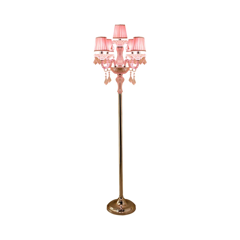 Kristalroze vloerleeslamp Kandelaar 5/6/7-kops gewoon staande lamp met geplooide lampenkap