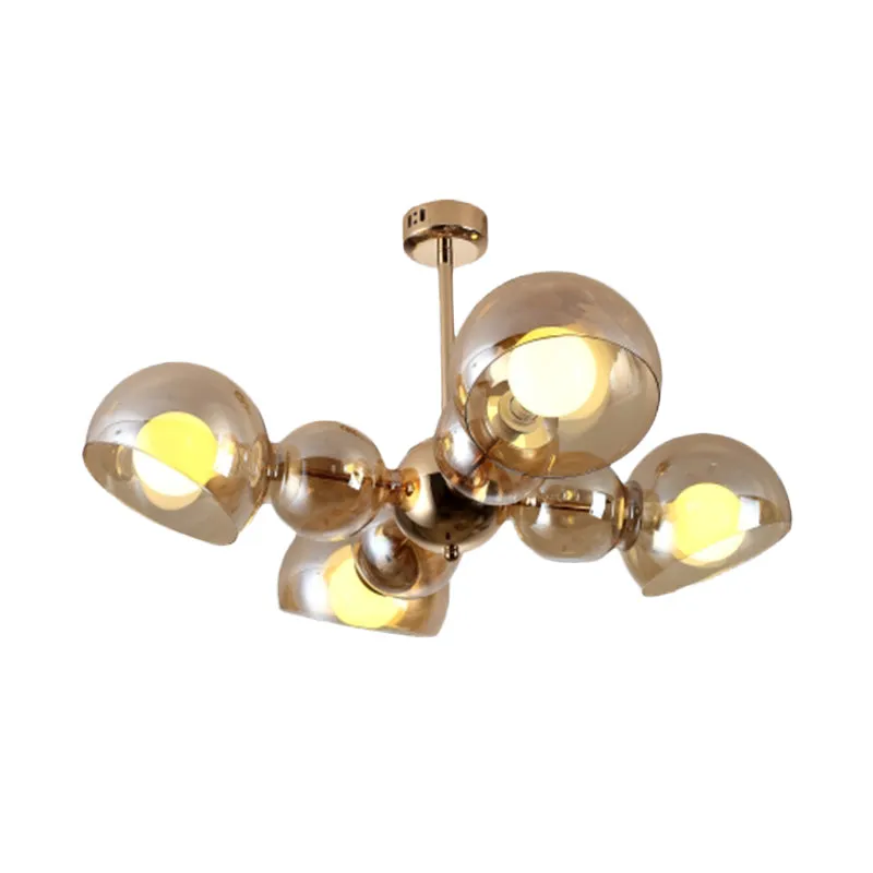 4/6 lampen slaapkamer semi-gemonteerde verlichting messing plafondlamp met kom amberkleurige glazen kap | Snel Leverbaar
