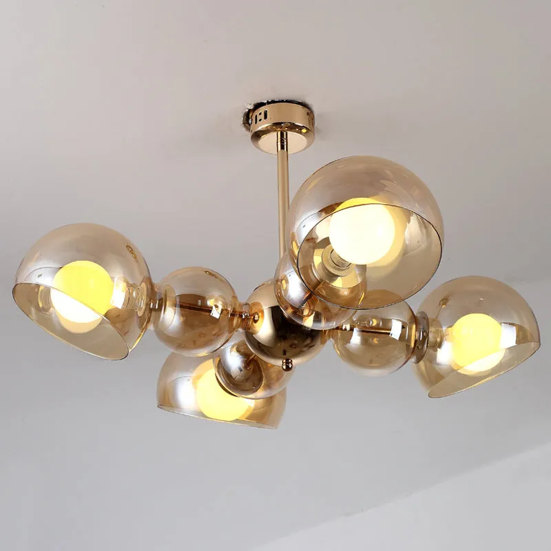 4/6 lampen slaapkamer semi-gemonteerde verlichting messing plafondlamp met kom amberkleurige glazen kap | Snel Leverbaar