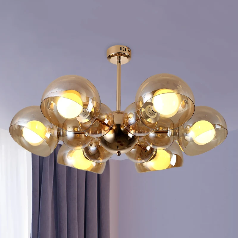 4/6 lampen slaapkamer semi-gemonteerde verlichting messing plafondlamp met kom amberkleurige glazen kap | Snel Leverbaar