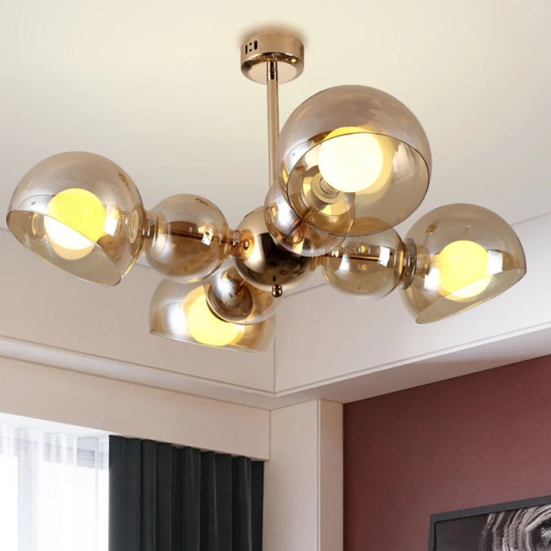 4/6 lampen slaapkamer semi-gemonteerde verlichting messing plafondlamp met kom amberkleurige glazen kap | Snel Leverbaar