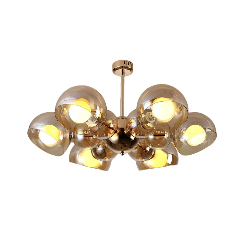 4/6 lampen slaapkamer semi-gemonteerde verlichting messing plafondlamp met kom amberkleurige glazen kap | Snel Leverbaar