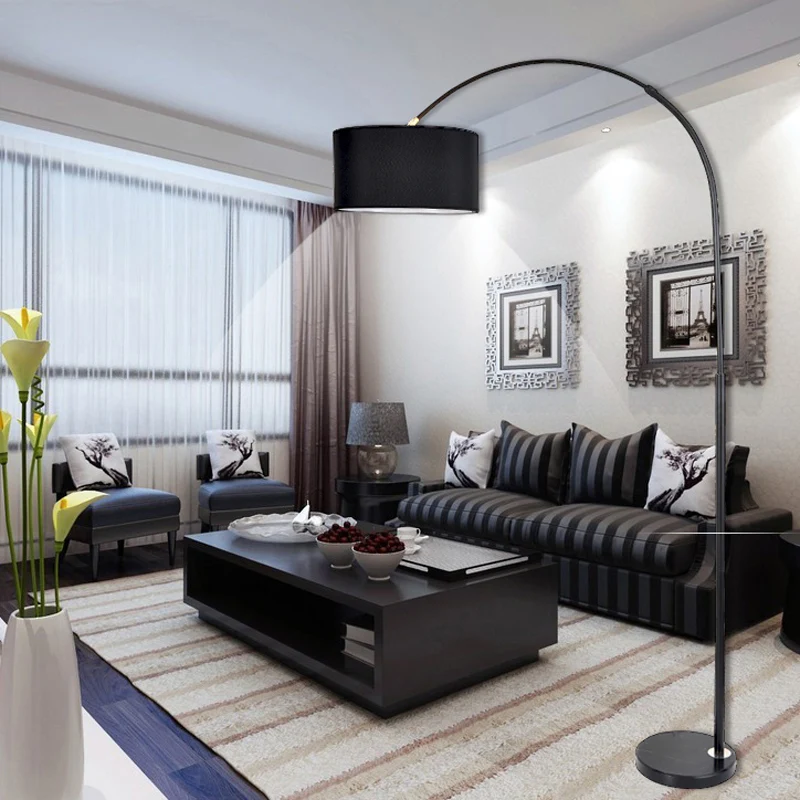 Metallic Fishing Rod Floor Lighting Simplicity 1-Light Standing Floor Lamp Drum Fabric Shade - Incl. Garantie White